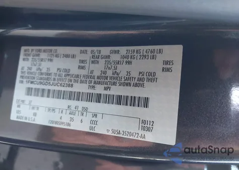 2018 Ford Escape Se from USA, damaged, VIN 1FMCU9GD5JUC62388